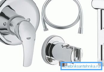Sett med detaljer: håndtak mixer, slange, arm, vanntåke Sett med detaljer: håndtak mixer, slange, arm, vanntåke