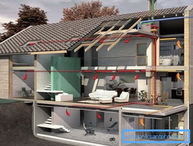 Bildet viser installasjon av ventilasjonskanaler i et privat hus. Bildet viser installasjon av ventilasjonskanaler i et privat hus.