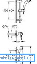 Diagram over en standardblander med termostat med indikasjon på størrelser Diagram over en standardblander med termostat med indikasjon på størrelser