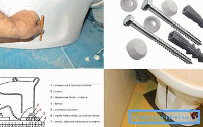 Typer av feste en toalettskål til gulvet - på dowels, taft og lim Typer av feste en toalettskål til gulvet - på dowels, taft og lim